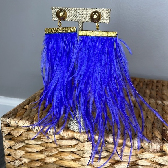 NEW Electric Blue Feather Earrings - Long Feather Earrings - Stud Posts - Picture 4 of 5